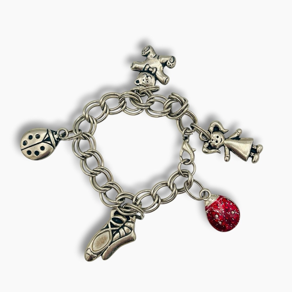 Charm Bracelet Silver Tone Lady Bug Ballet Shoes Bear Girl Vintage Retro 6"